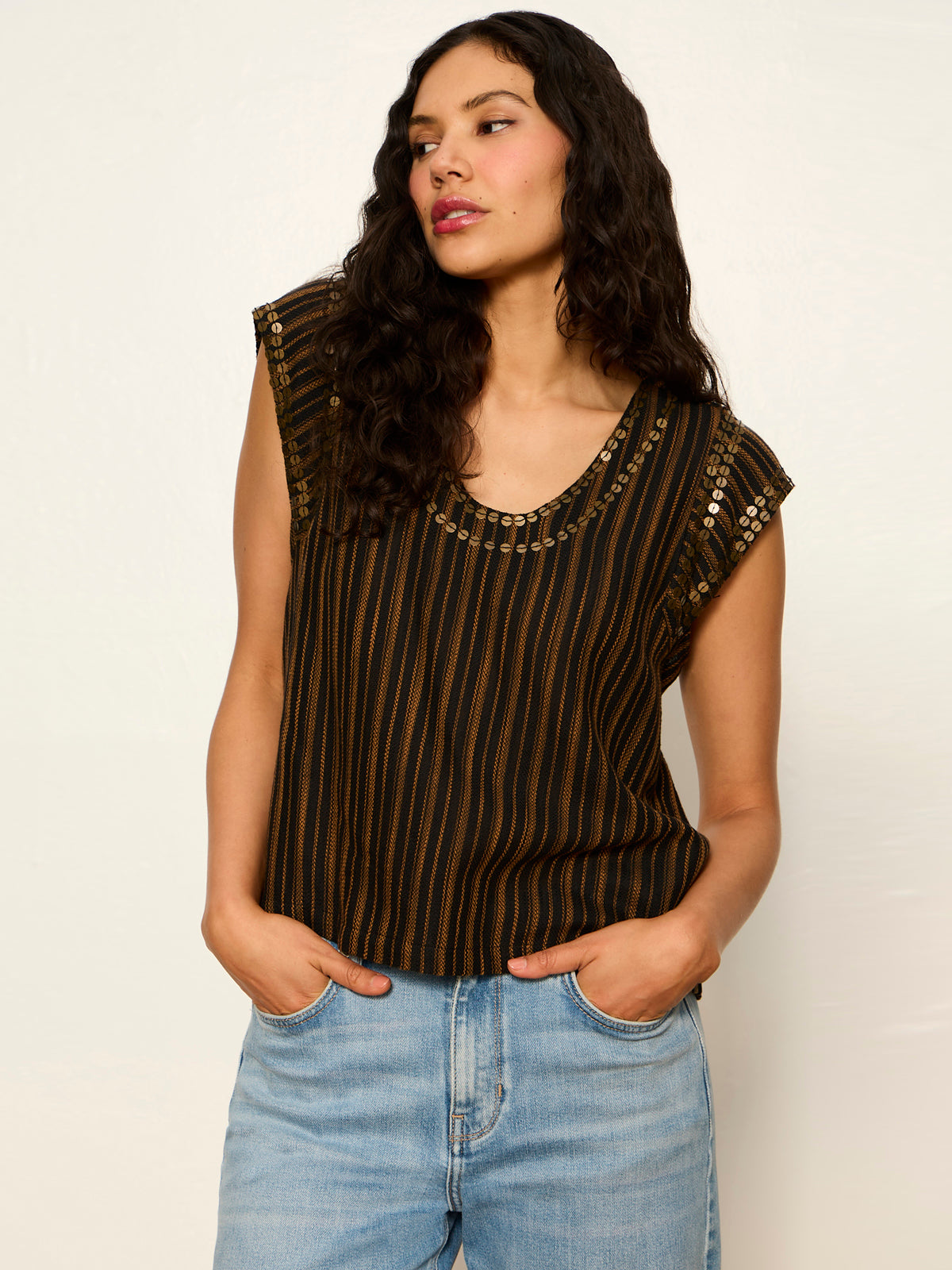 OUTSIDER EMBELLISHED SHELL TOP DARK CUMIN/BLACK STRIPE - Sanctuary Clothing