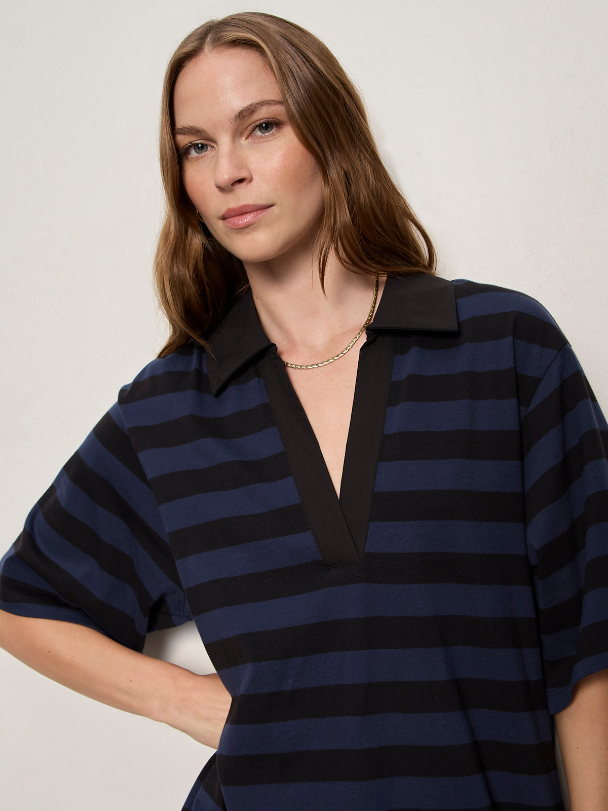 BOYFRIEND COLLAR KNIT DRESS BLACK AND NAVY BLAZER STRIPE - Sanctuary Clothing