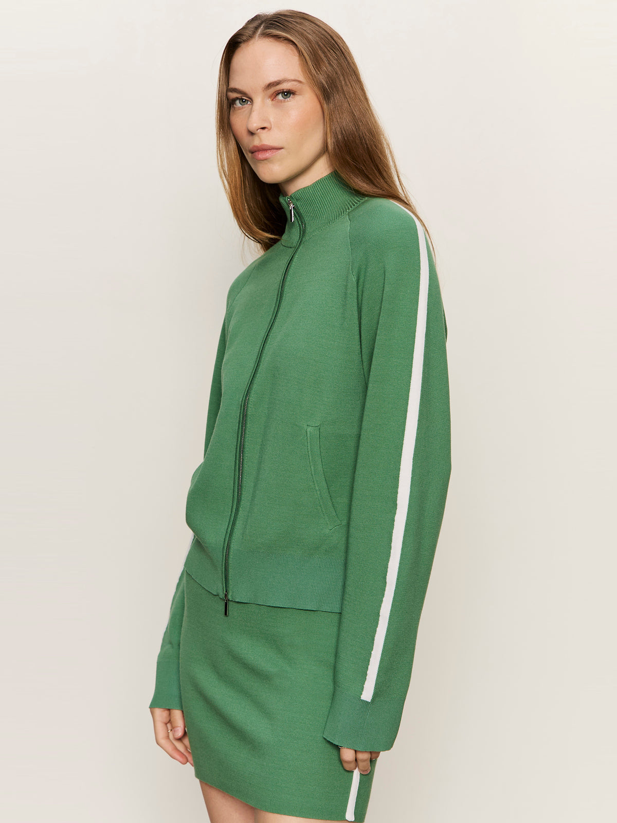 Places To Be Knit Track Jacket Green Juice/Chalk - Sanctuary Clothing