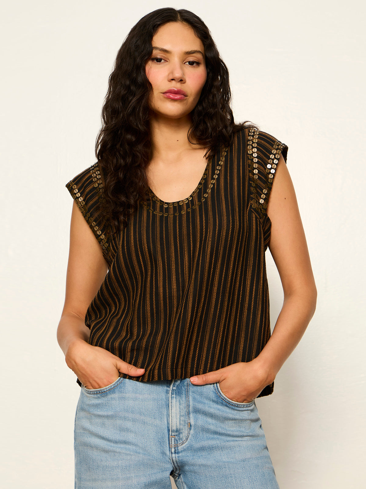 OUTSIDER EMBELLISHED SHELL TOP DARK CUMIN/BLACK STRIPE - Sanctuary Clothing