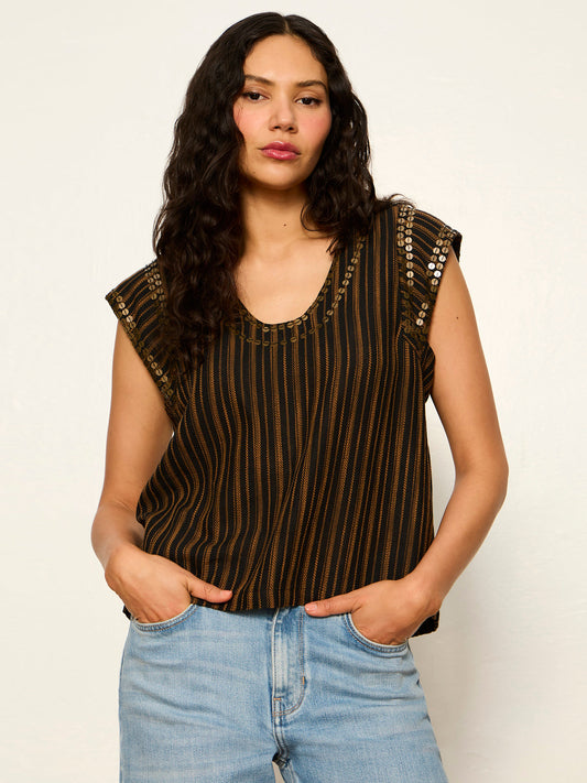 OUTSIDER EMBELLISHED SHELL TOP DARK CUMIN/BLACK STRIPE - Sanctuary Clothing