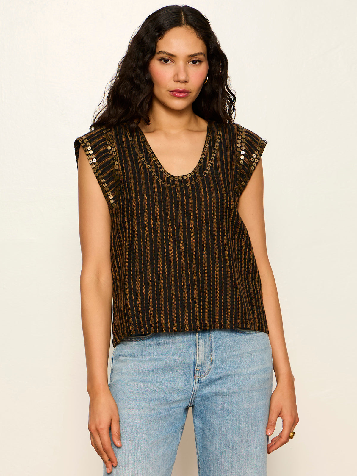 OUTSIDER EMBELLISHED SHELL TOP DARK CUMIN/BLACK STRIPE - Sanctuary Clothing