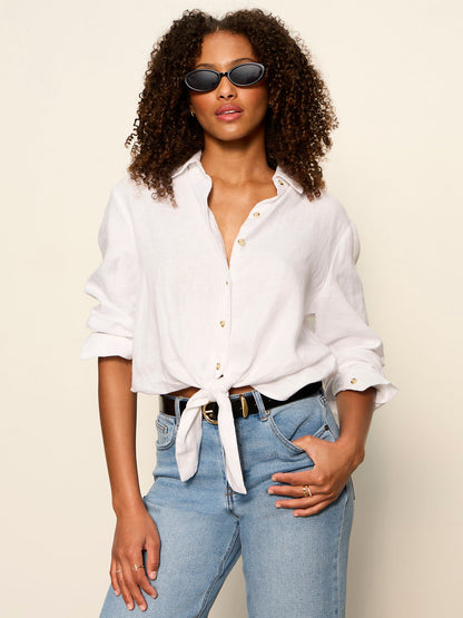 MORE LOVE LINEN TIE TOP WHITE - Sanctuary Clothing
