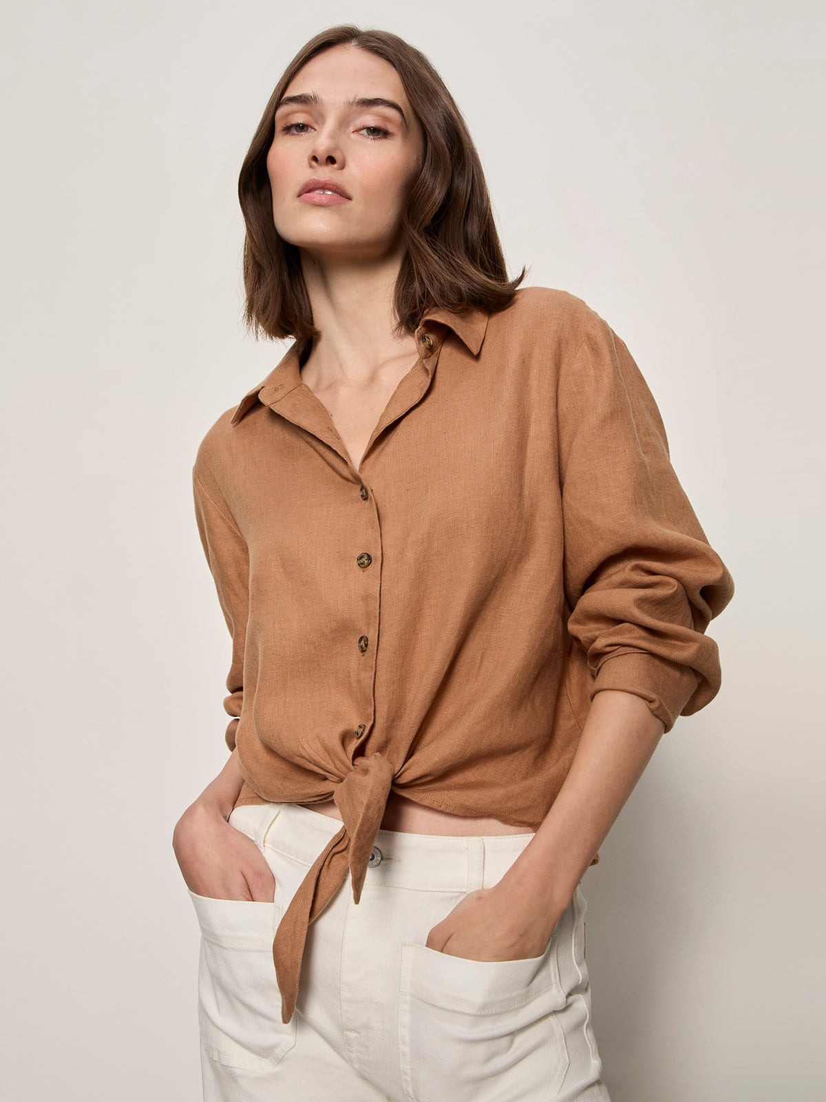 MORE LOVE LINEN TIE TOP TOASTED COCONUT - Sanctuary Clothing