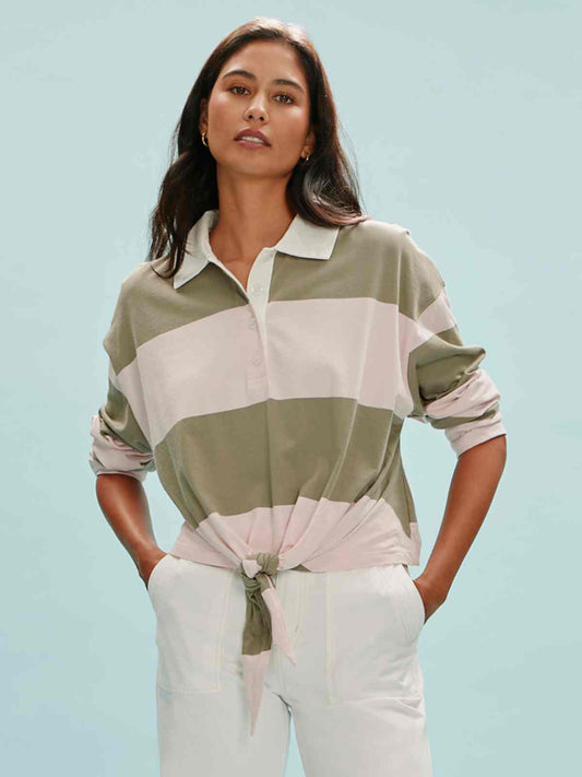 RUGBY TIE FRONT TEE OXYGEN PINK/OLIVE TREE STRIPE - Sanctuary Clothing