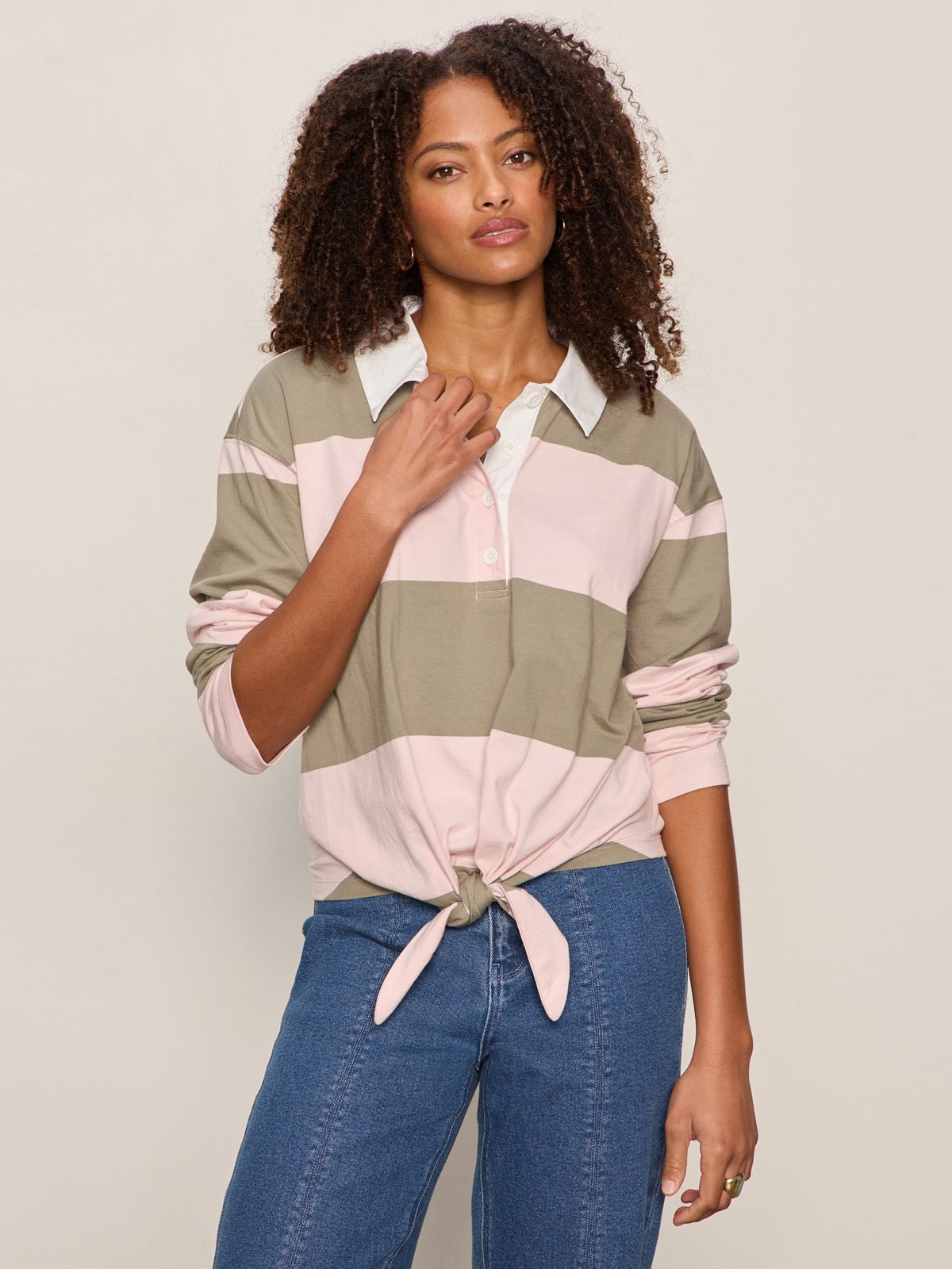 RUGBY TIE FRONT TEE OXYGEN PINK/OLIVE TREE STRIPE - Sanctuary Clothing