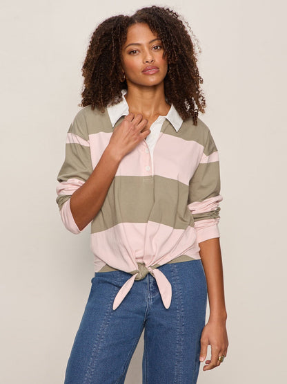 RUGBY TIE FRONT TEE OXYGEN PINK/OLIVE TREE STRIPE - Sanctuary Clothing