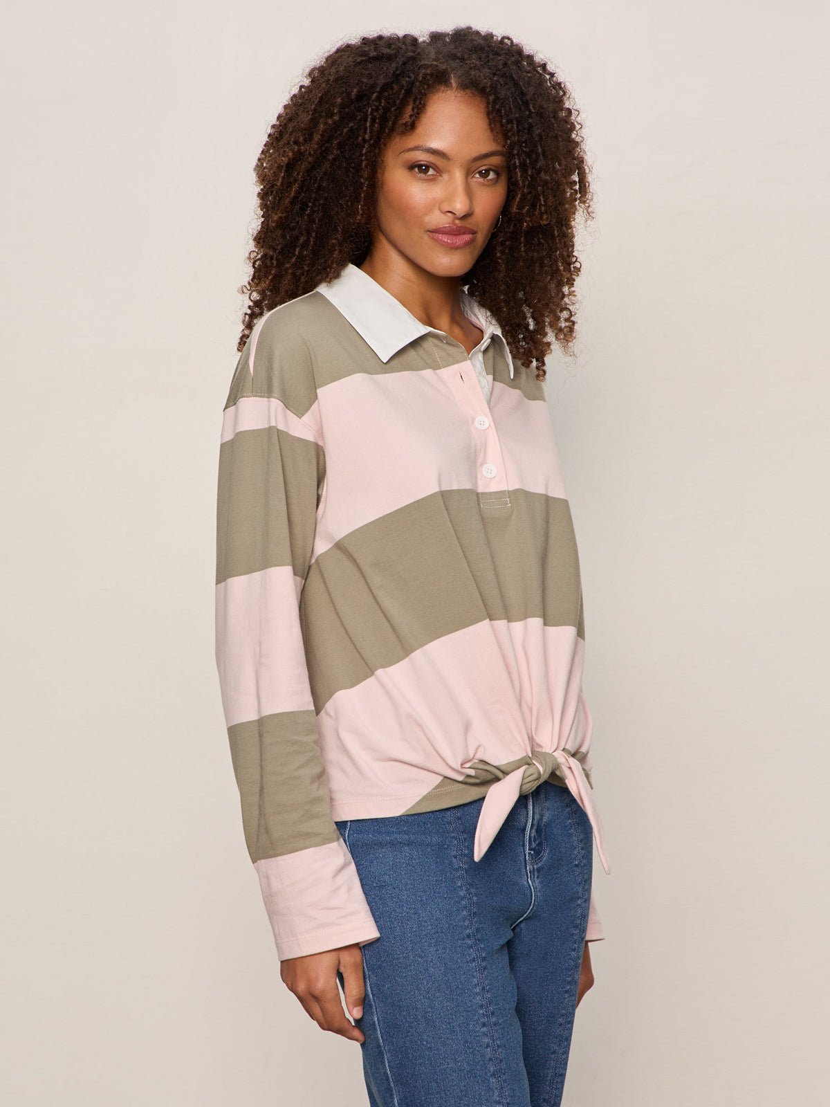 RUGBY TIE FRONT TEE OXYGEN PINK/OLIVE TREE STRIPE - Sanctuary Clothing