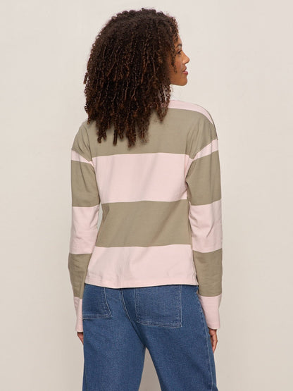 RUGBY TIE FRONT TEE OXYGEN PINK/OLIVE TREE STRIPE - Sanctuary Clothing