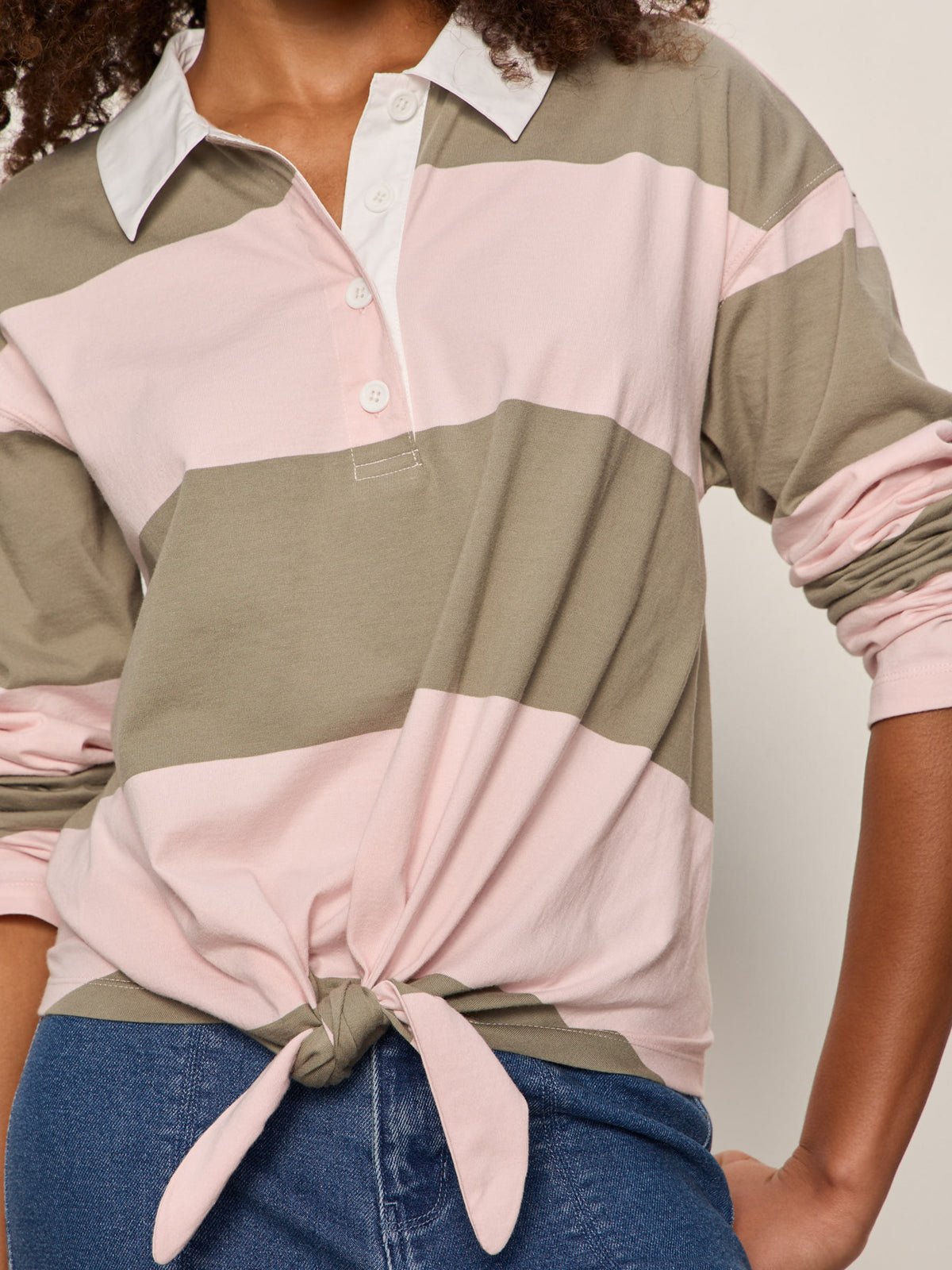 RUGBY TIE FRONT TEE OXYGEN PINK/OLIVE TREE STRIPE - Sanctuary Clothing