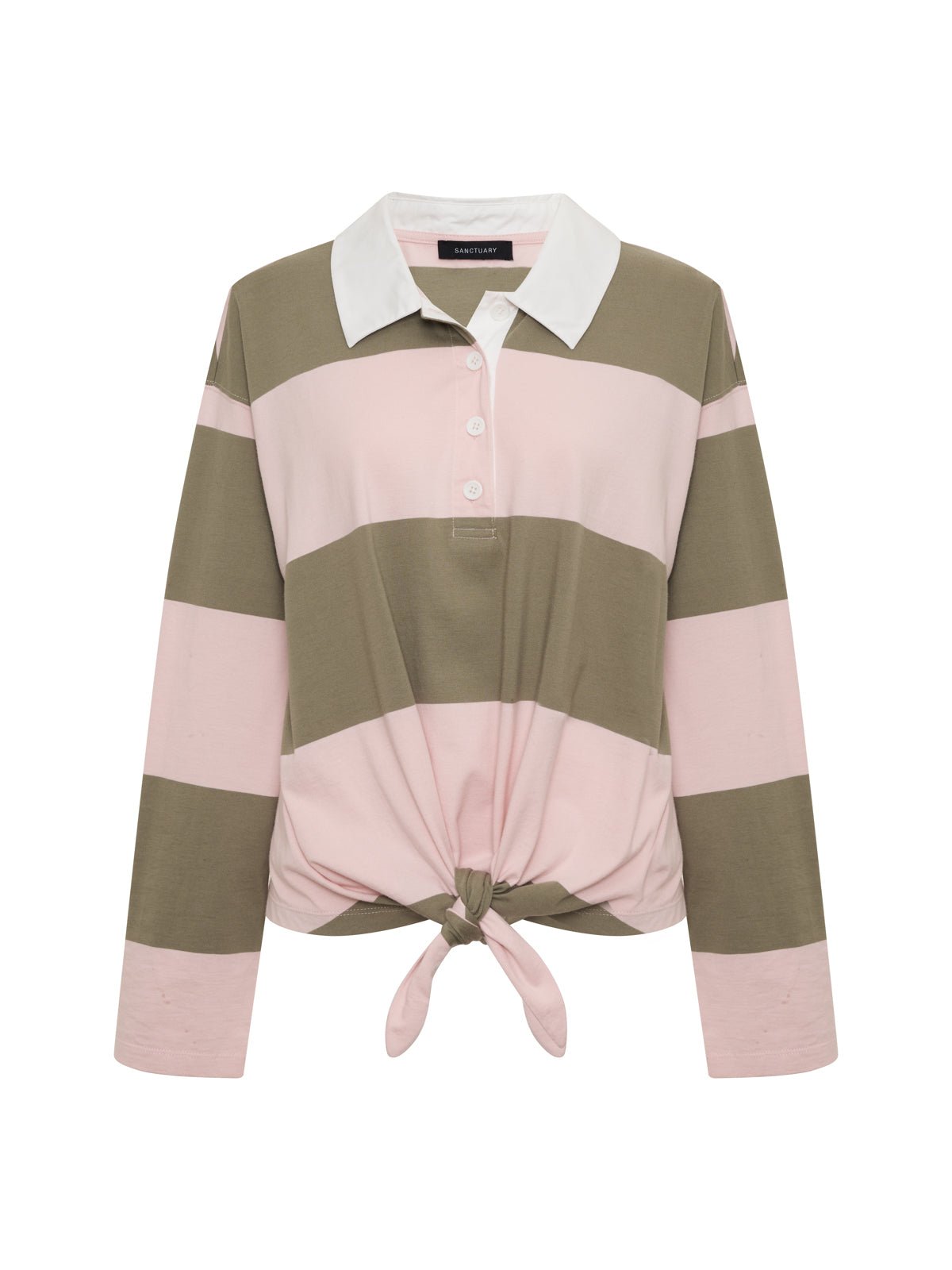 RUGBY TIE FRONT TEE OXYGEN PINK/OLIVE TREE STRIPE - Sanctuary Clothing