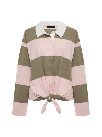 RUGBY TIE FRONT TEE OXYGEN PINK/OLIVE TREE STRIPE - Sanctuary Clothing