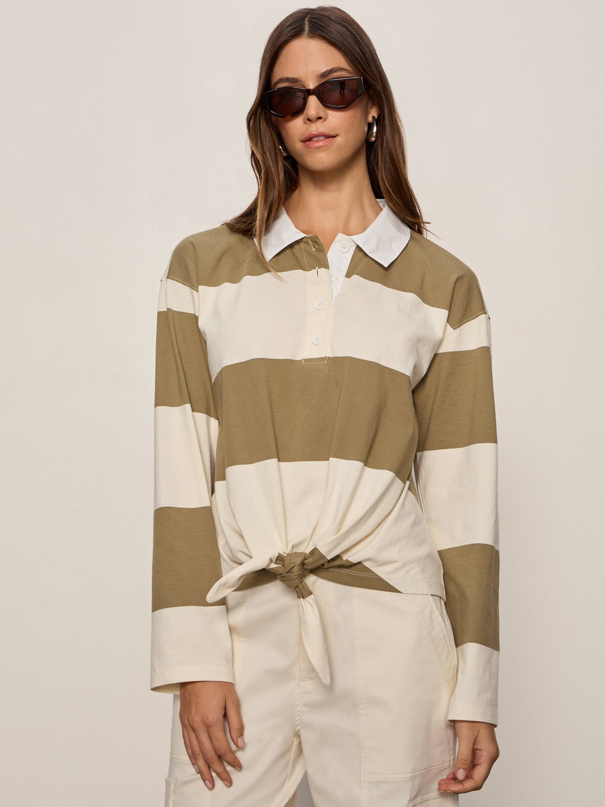 RUGBY TIE FRONT TEE COVERT GREEN/COLLAGEN STRIPE - Sanctuary Clothing