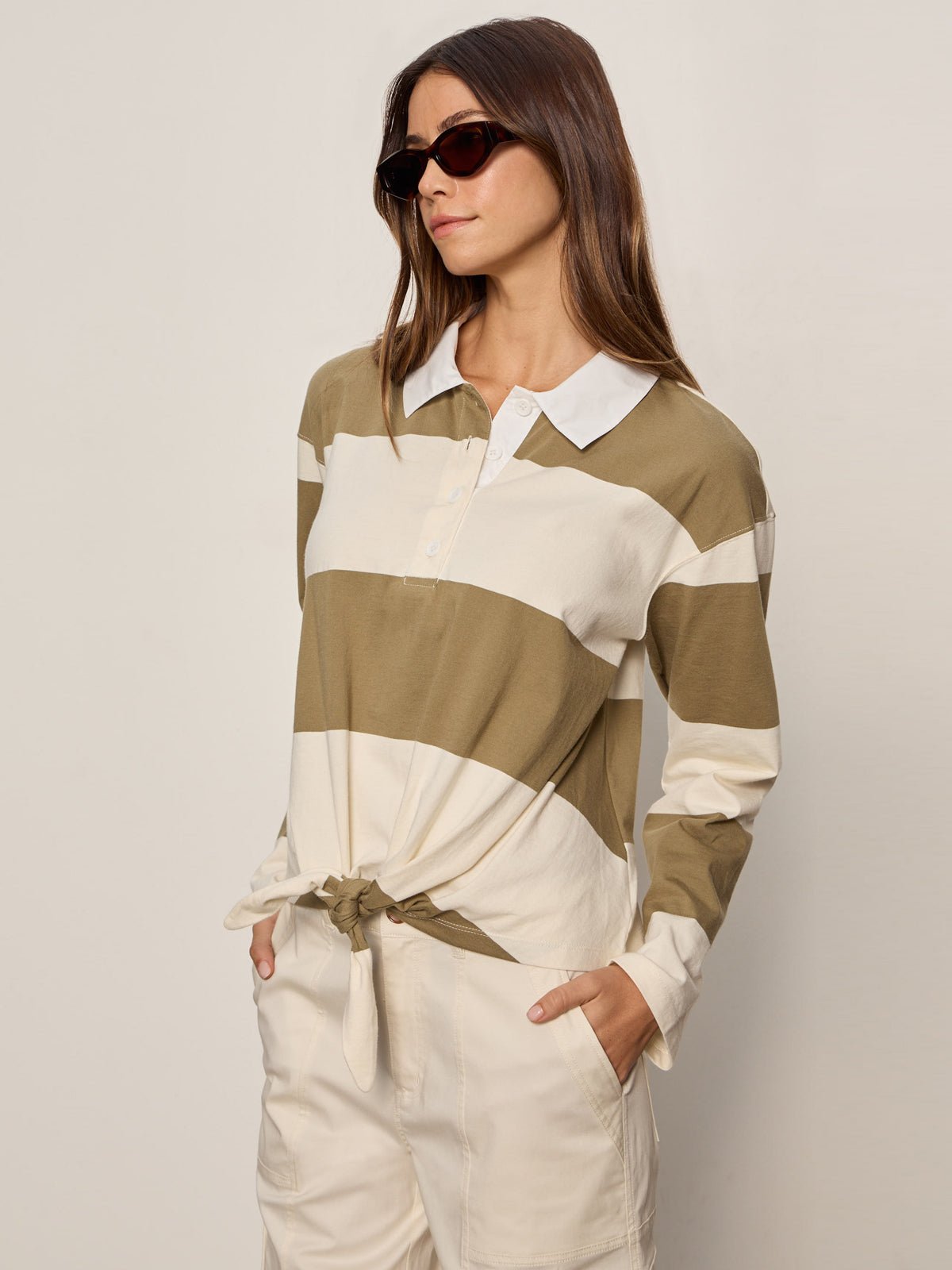 RUGBY TIE FRONT TEE COVERT GREEN/COLLAGEN STRIPE - Sanctuary Clothing