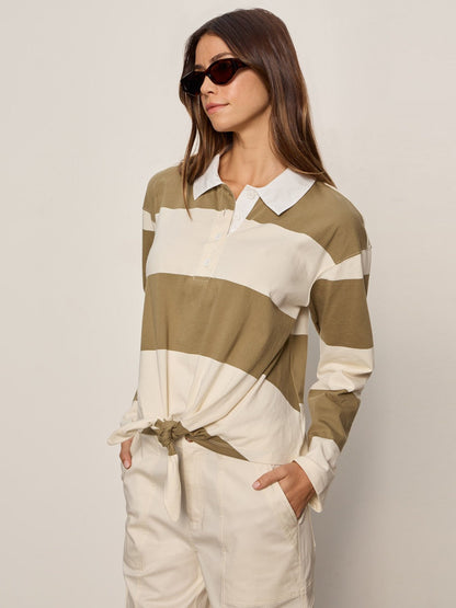 RUGBY TIE FRONT TEE COVERT GREEN/COLLAGEN STRIPE - Sanctuary Clothing