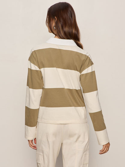 RUGBY TIE FRONT TEE COVERT GREEN/COLLAGEN STRIPE - Sanctuary Clothing