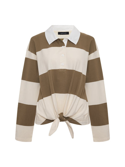 RUGBY TIE FRONT TEE COVERT GREEN/COLLAGEN STRIPE - Sanctuary Clothing