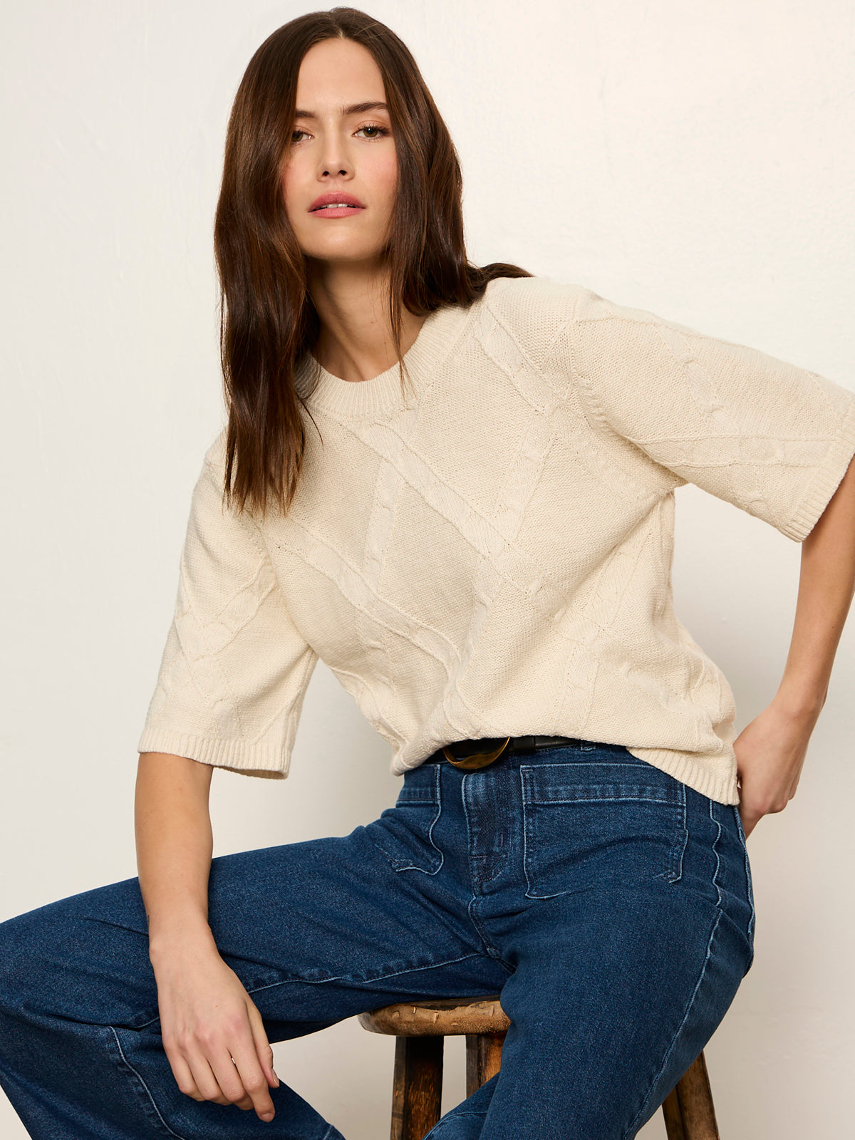 Diamond Stitch Sweater Tee Bone - Sanctuary Clothing