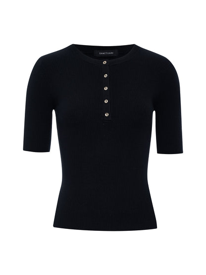 Ribbed Henley Tee Black - Sanctuary Clothing