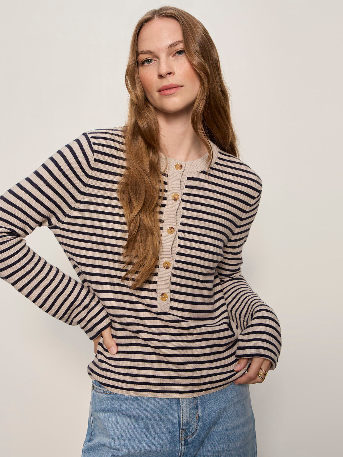 EVERYDAY HENLEY SWEATER DARK OPAL/INKSTORM STRIPE - Sanctuary Clothing