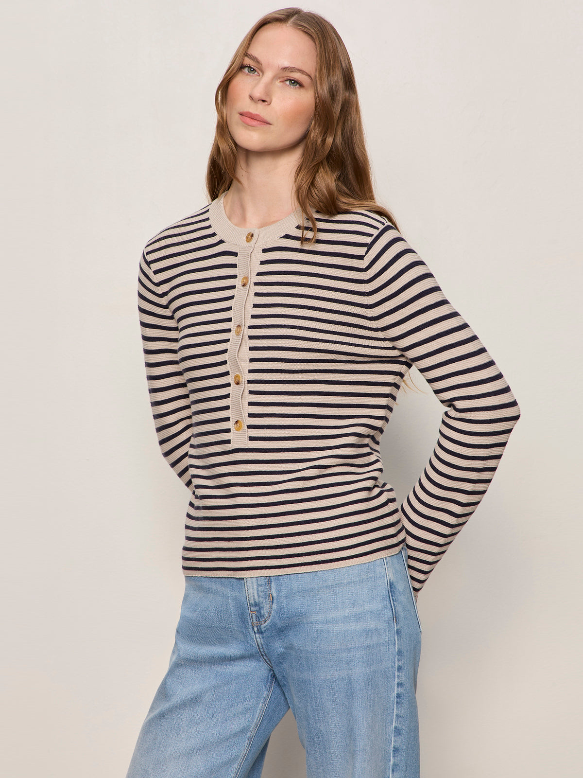EVERYDAY HENLEY SWEATER DARK OPAL/INKSTORM STRIPE - Sanctuary Clothing