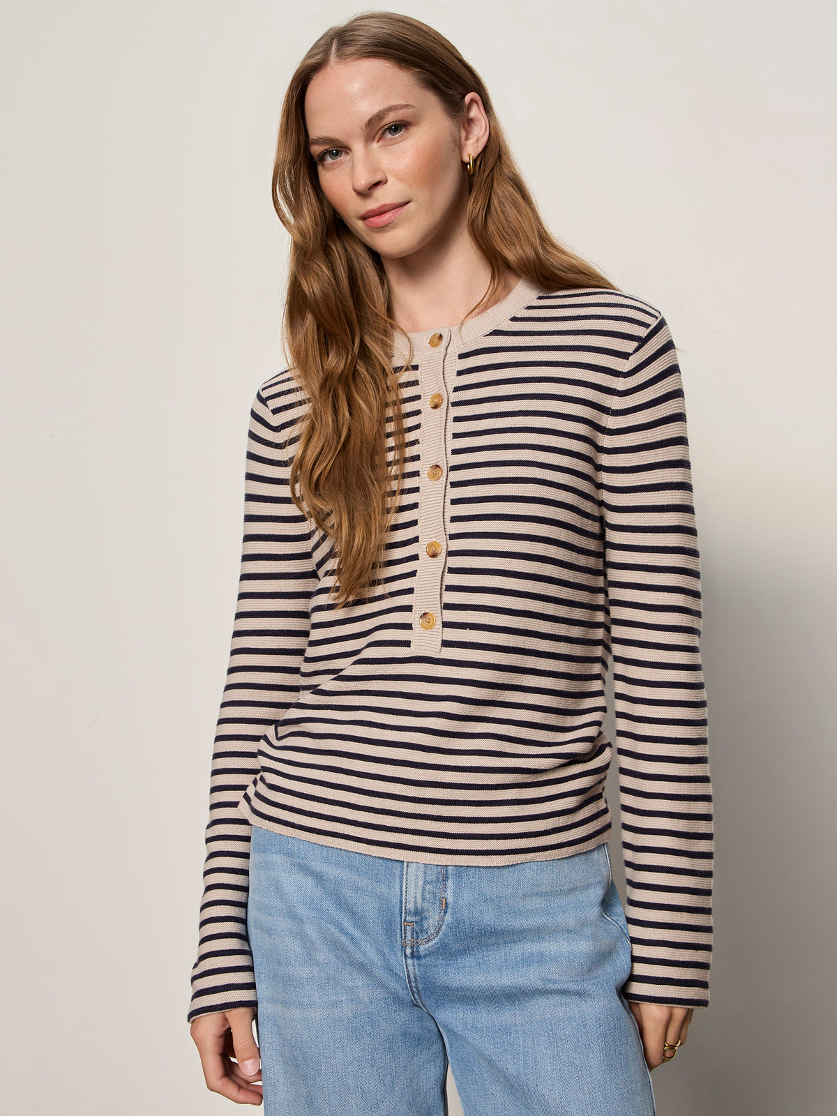 EVERYDAY HENLEY SWEATER DARK OPAL/INKSTORM STRIPE - Sanctuary Clothing