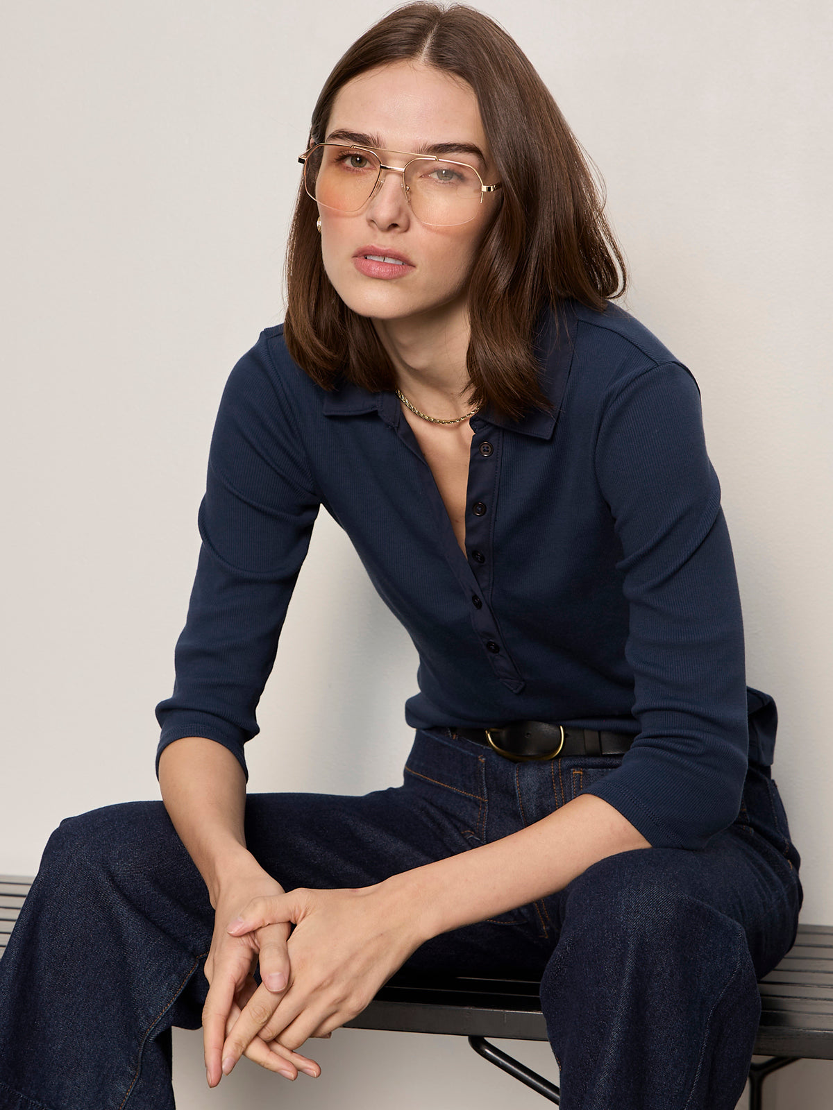 ECHO BUTTON FRONT TEE NAVY BLAZER - Sanctuary Clothing