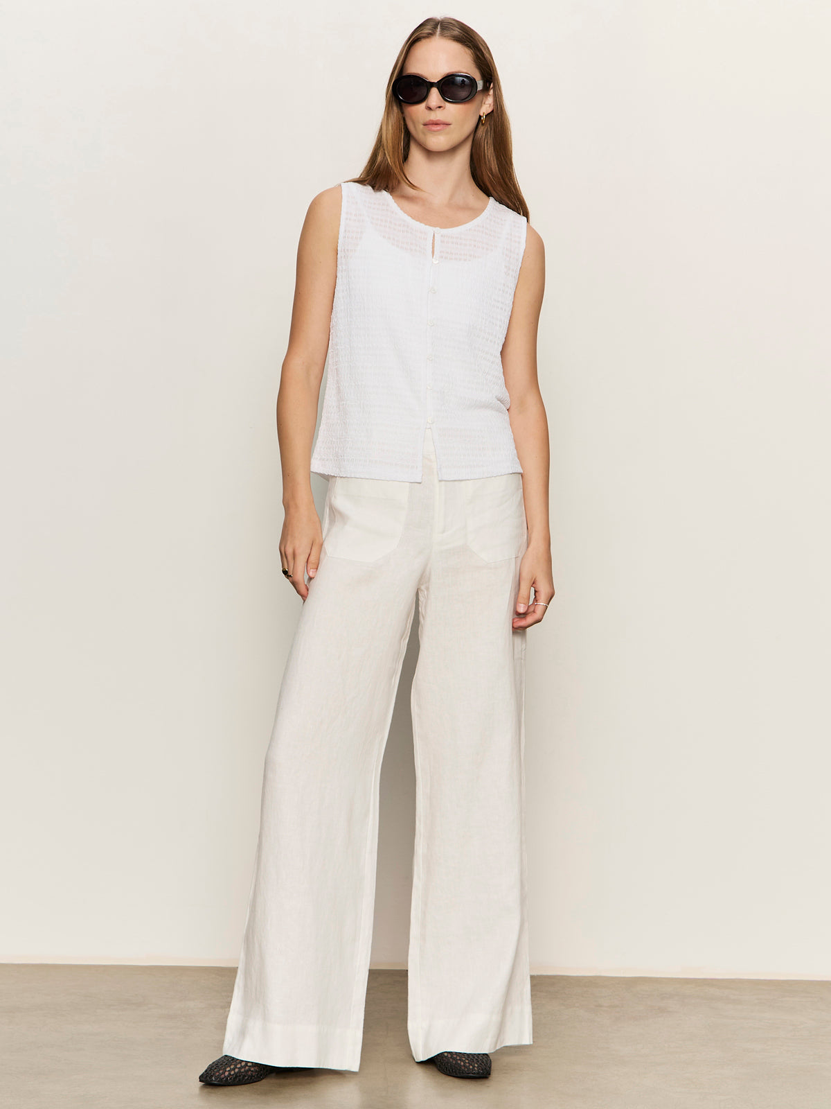 The Linen Marine Wide Leg Semi-High Rise Pant White - Sanctuary Clothing