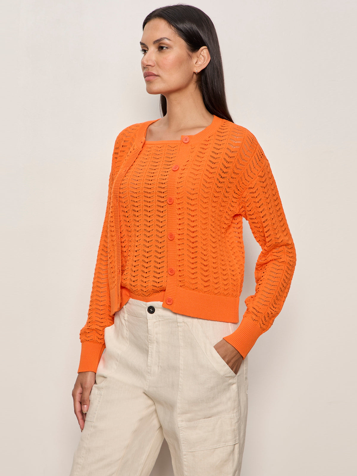 FOR KEEPS POINTELLE CARDIGAN HIBISCUS ORANGE - Sanctuary Clothing