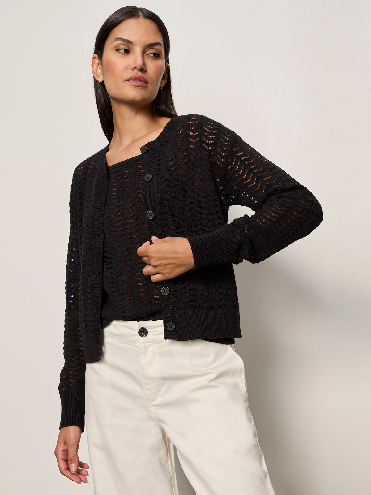 FOR KEEPS POINTELLE CARDIGAN BLACK - Sanctuary Clothing