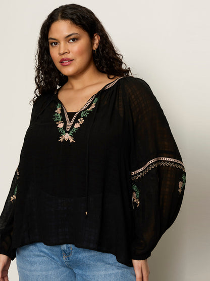 Raye Embroidered Blouse Black Extended Sizing - Sanctuary Clothing