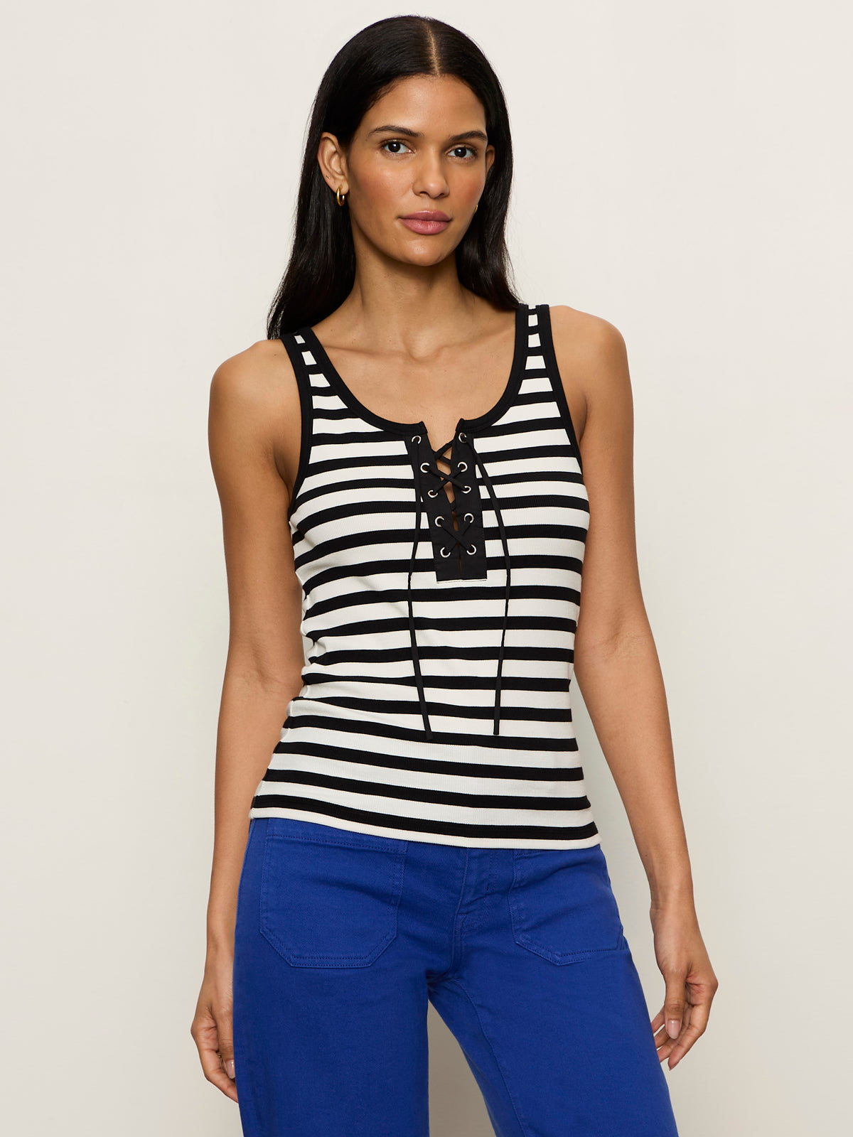 GO-TO LACE UP TANK CHALK/BLACK STRIPE (11) - Sanctuary Clothing