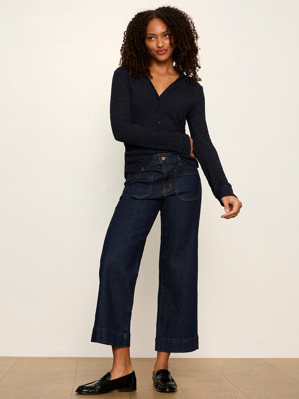 Juno Textured Button Front Top Navy Blazer - Sanctuary Clothing