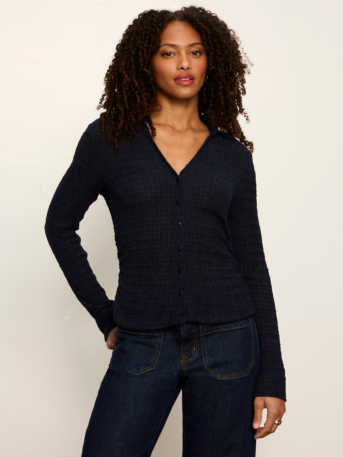 Juno Textured Button Front Top Navy Blazer - Sanctuary Clothing