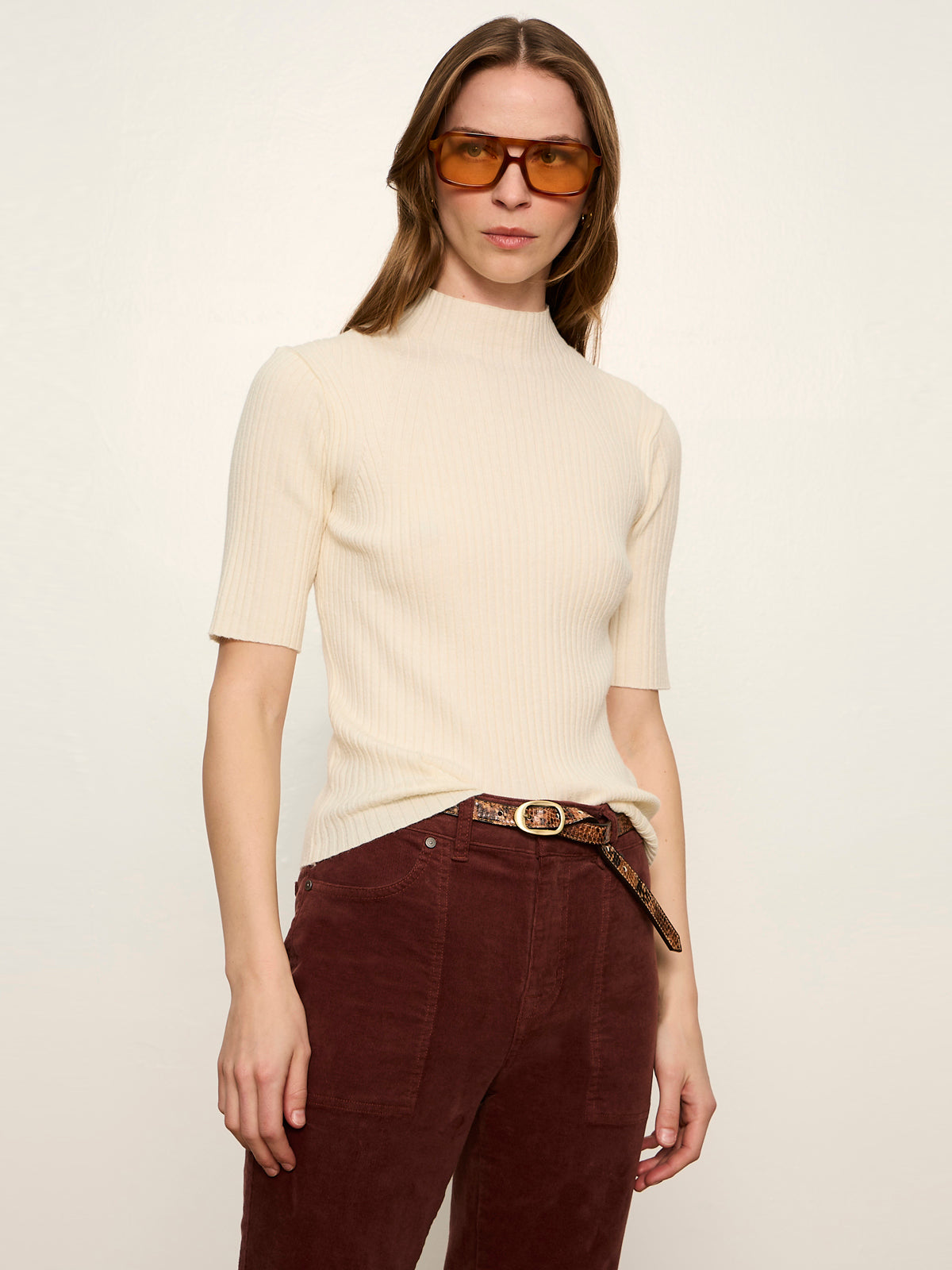High Neck Ribbed Top Bone - Sanctuary Clothing