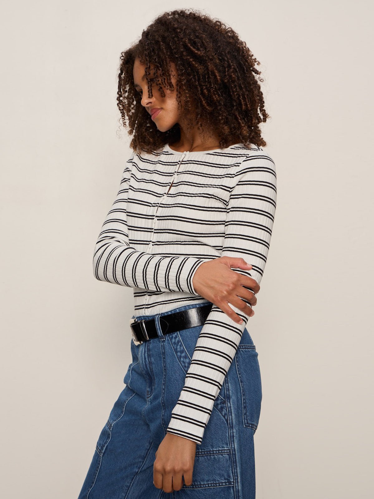 Button Front Ribbed Top Chalk / Black Stripe - Sanctuary Clothing