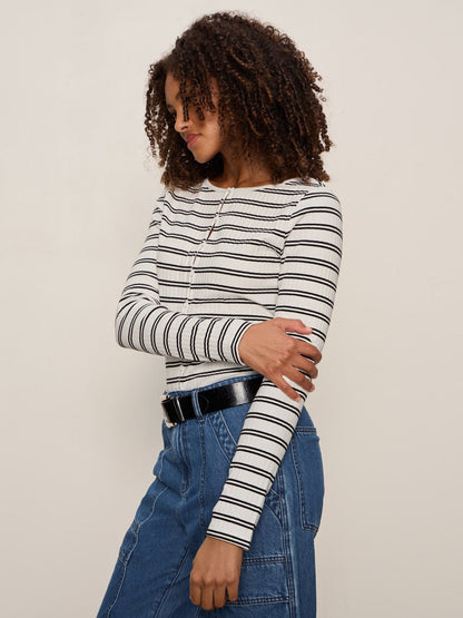 Button Front Ribbed Top Chalk / Black Stripe - Sanctuary Clothing