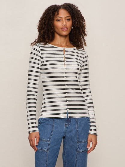 Button Front Ribbed Top Chalk / Black Stripe - Sanctuary Clothing