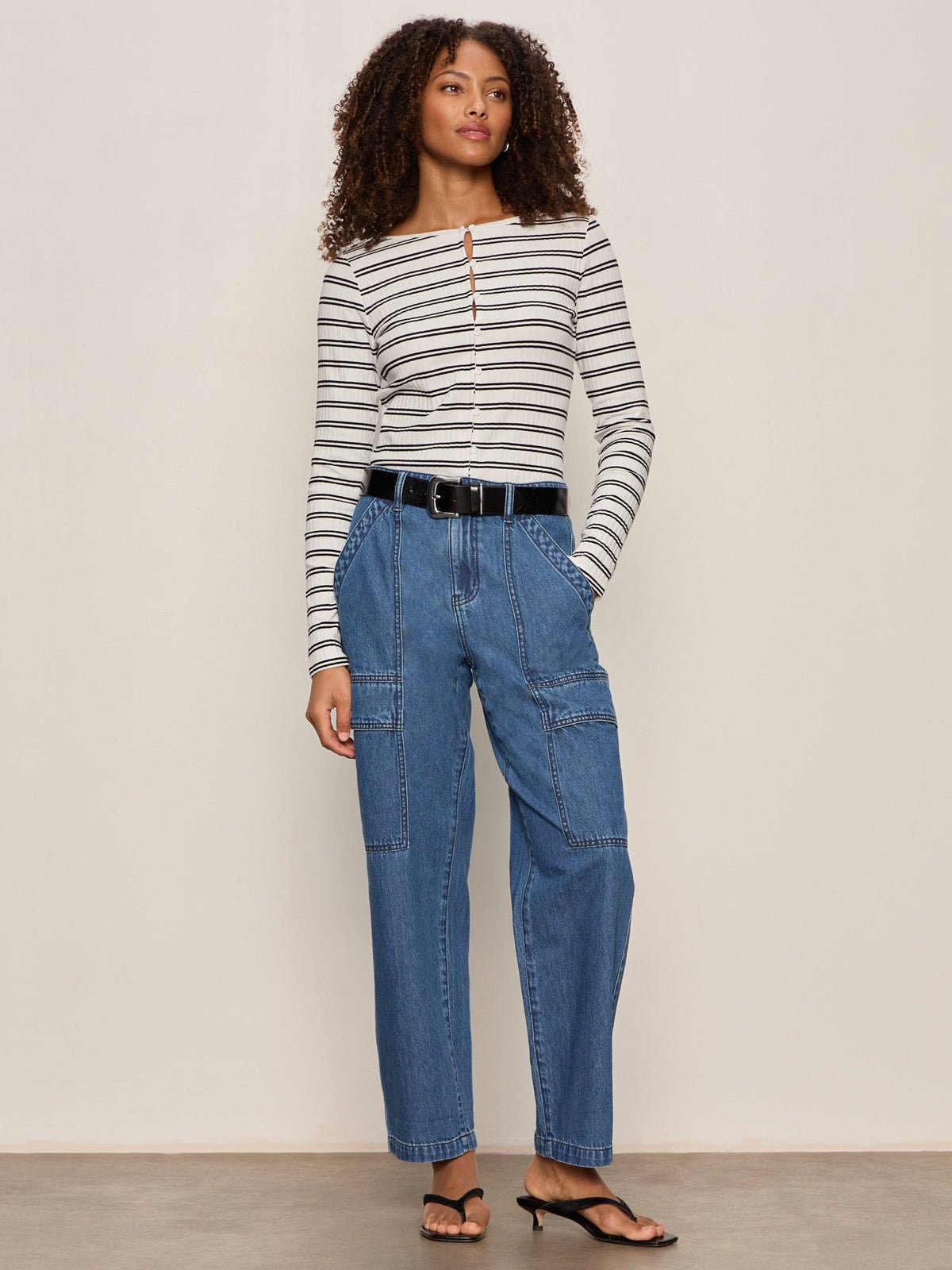 Button Front Ribbed Top Chalk / Black Stripe - Sanctuary Clothing