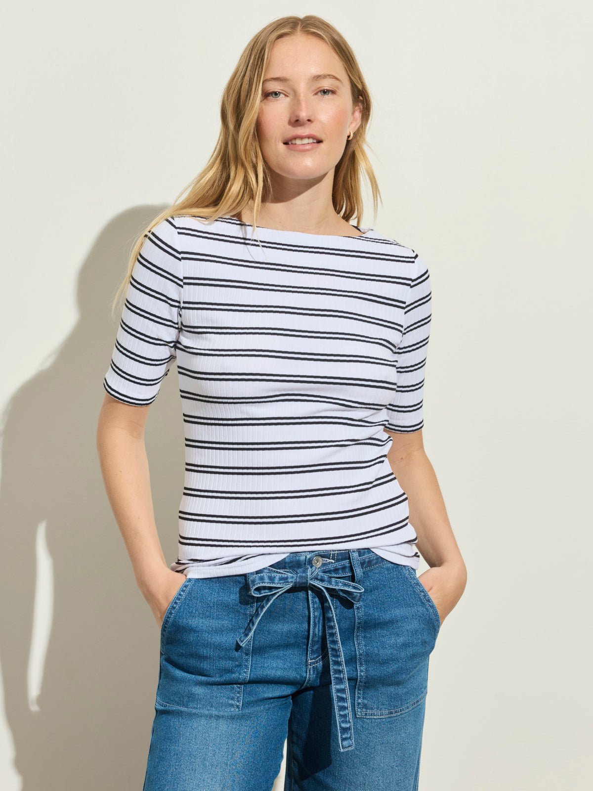 BOATNECK RIBBED TOP CHALK/BLACK STRIPE - Sanctuary Clothing